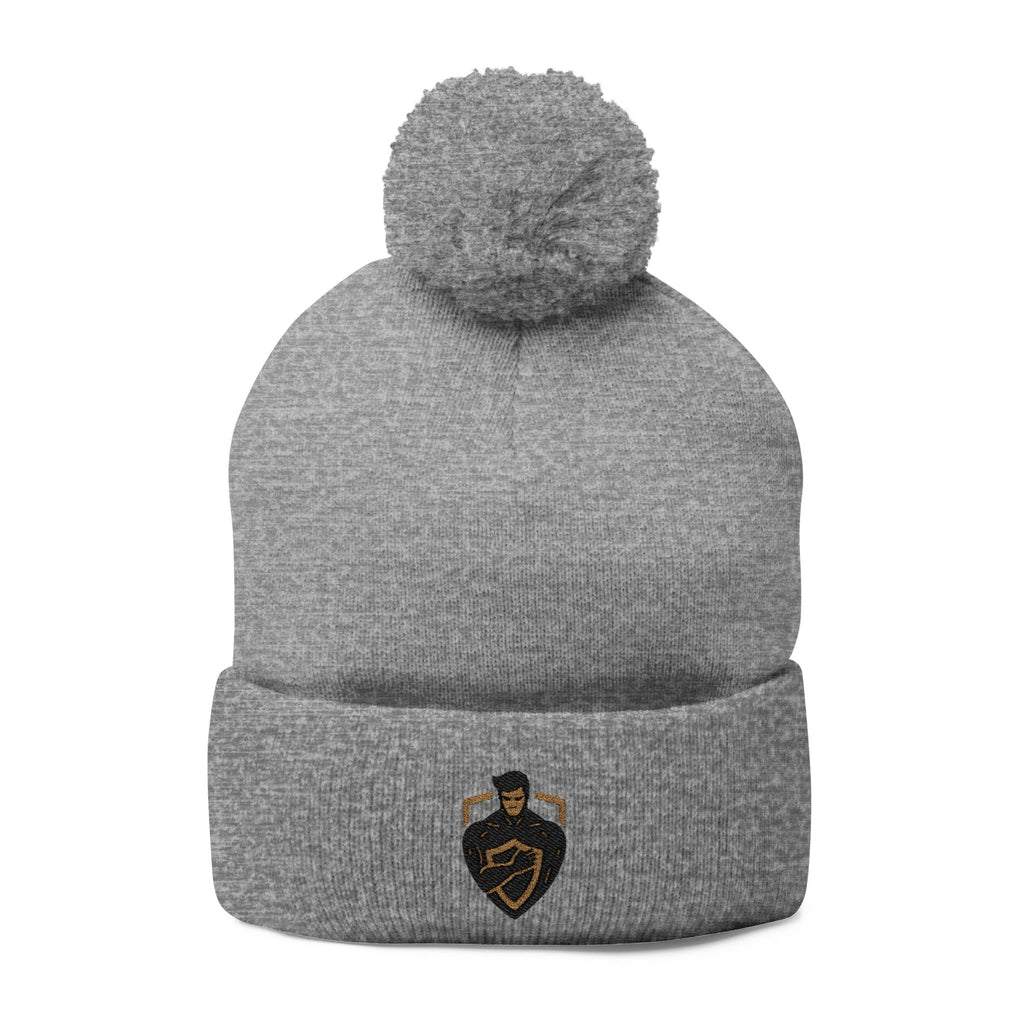 Embroidered Shield Crest Pom-Pom Beanie