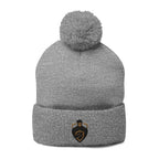 Embroidered Shield Crest Pom-Pom Beanie