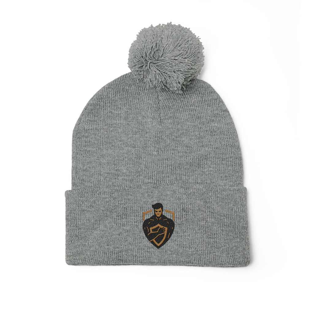 Embroidered Shield Crest Pom-Pom Beanie